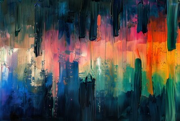 A painting of a cityscape with a lot of different colors and brush strokes - obrazy, fototapety, plakaty