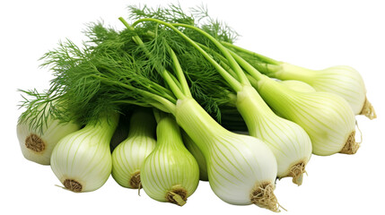 A vibrant bunch of onions with green tops, elegantly arranged on a white background