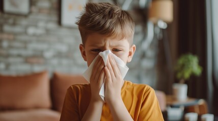 Boy blowing his nose with a tissue in the living room at home. Flu concept - obrazy, fototapety, plakaty