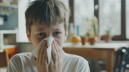 Boy sneezing into tissue in kitchen at home. Disease concept - obrazy, fototapety, plakaty