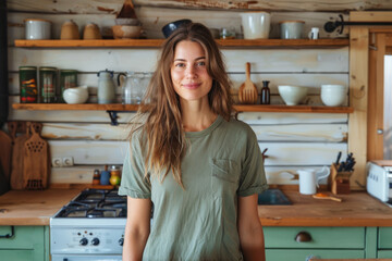 Cheerful young woman in t shirt standing on the rustic kitchen. Generative AI