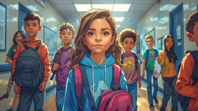 Diverse Kids in Animated Hallway, generative ai