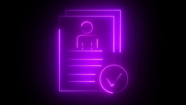 Glowing neon line icon isolated on black background. Symbol of confirmation of personal data or id card, cv concept. 4K video animation graphics