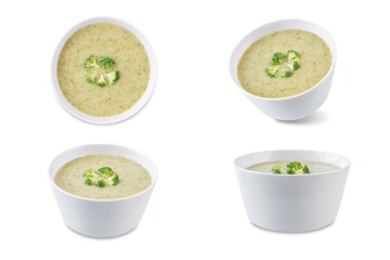 Broccoli potato soup in a bowl on a white isolated background