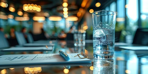 Business Meeting Table with Water Glass and Financial Report