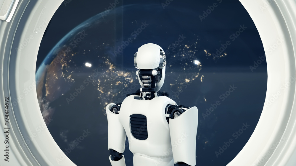 Poster xai 3d illustration futuristic robot, artificial intelligence cgi inside spaceship in space universe