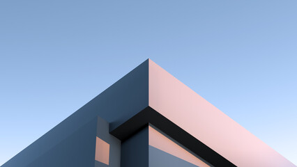 Architectural design of the building, a minimalist structure at sunset. Futuristic building, banner.3D render