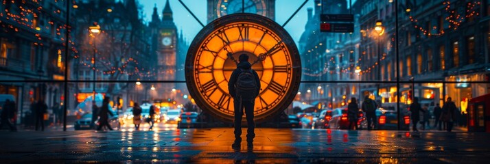 Urban time pondering: Man absorbed by city clock amidst hustle - obrazy, fototapety, plakaty
