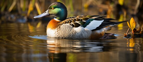 A duck with vibrant green head and striking orange chest is gracefully swimming in a serene pond