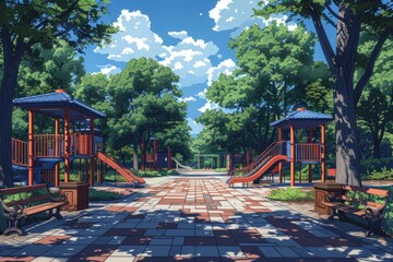 A modern background showing a park and playground