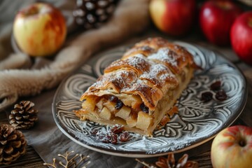 Classic Bavarian apple strudel with baked apples and raisins served on a Nordic plate