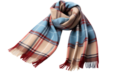 A cozy plaid scarf resting on a pristine white background