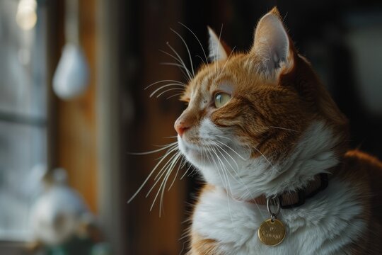Close up of a pretty cat with a name tag in a dark house