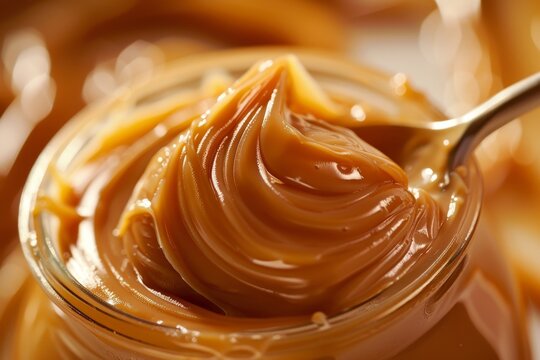 Close up of a jar filled with dulce de leche