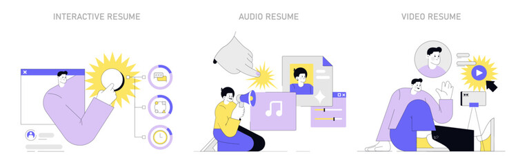 Innovative Resume Formats set. Showcasing interactive, audio, and video resumes for dynamic job applications. A modern take on professional profiles. Vector illustration.