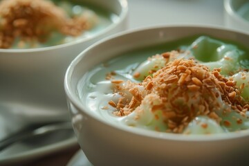 Close up of cendol dessert with palm sugar syrup