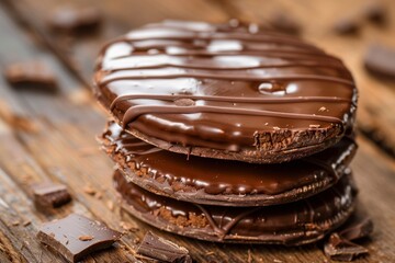 Close up of chocolate covered alfajor a traditional Argentinean sweet - obrazy, fototapety, plakaty