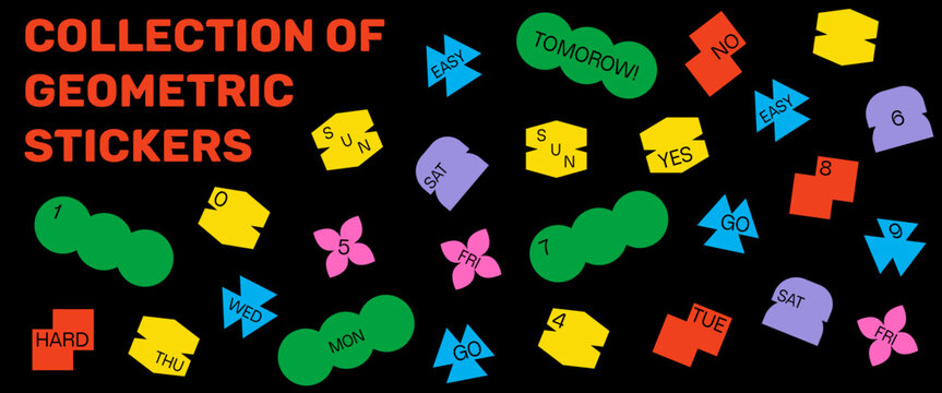 COLLECTION OF GEOMETRIC STICKERS - Days of Week, from 0 to 9, stickers, geometric, yellow,  sharp, trendy, stylish stickers