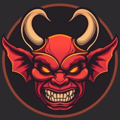 A demonic looking face with horns and red color