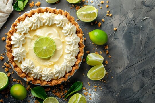 Close up of key lime pie with whipped cream on table top view