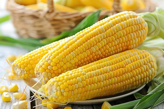 Vibrantly fresh sweet corn cobs with green husks in a rustic woven basket, surrounded by scattered kernels and wheat stalks on a wooden surface.