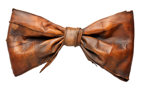 A stylish brown leather bow tie elegantly displayed on a crisp white background
