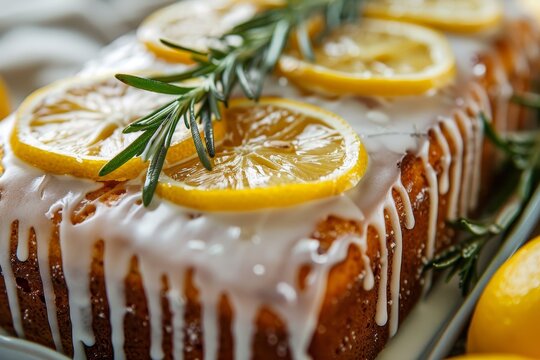 Close up of lemon pound cake with icing sugar glaze lemon slices and rosemary