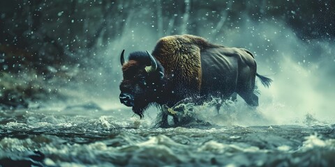 Dynamic Wildlife Scene: European Bison Crossing River, Splashing Water in Wilderness. Concept Wildlife Photography, European Bison, River Crossing, Splashing Water, Wilderness Scene