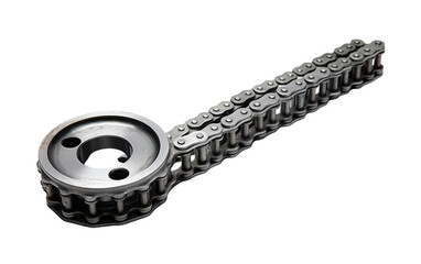 A motorcycle chain is delicately displayed on a white background