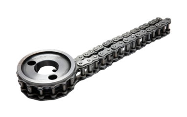 A motorcycle chain is delicately displayed on a white background