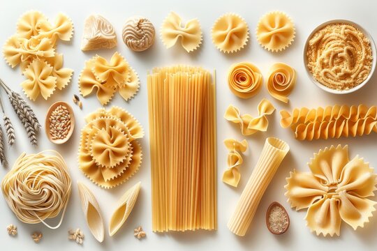 This 3d realistic modern object set contains pasta shapes such as penne, fusilli, farfalle, tagliatelle, fettuccine, spaghetti, cavatappi, conchiglie shells and wheat.