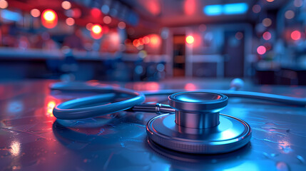 A medical stethoscope laying on an illuminated glossy table with a mysterious, vibrantly blue background - obrazy, fototapety, plakaty