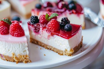 Close up view of cheesecake slices on plate