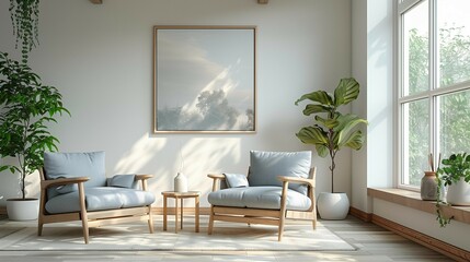 Modern Scandinavian Living Room with Soft Blue Armchair, generative ai