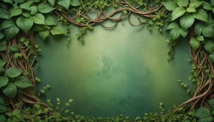 A lush frame of vibrant green vines and leaves encircles a textured green background, evoking a mystical and naturalistic ambiance perfect for thematic backdrops - obrazy, fototapety, plakaty