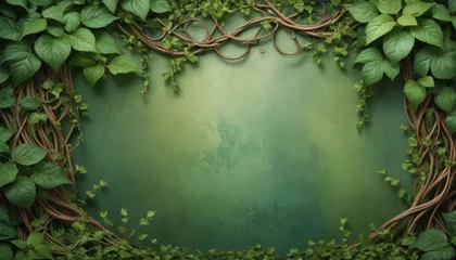 Fotobehang A lush frame of vibrant green vines and leaves encircles a textured green background, evoking a mystical and naturalistic ambiance perfect for thematic backdrops © video rost