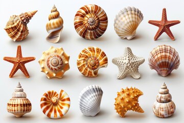 An icon set showing shells, snails, mollusks, starfish, and sea horses in 3D - obrazy, fototapety, plakaty