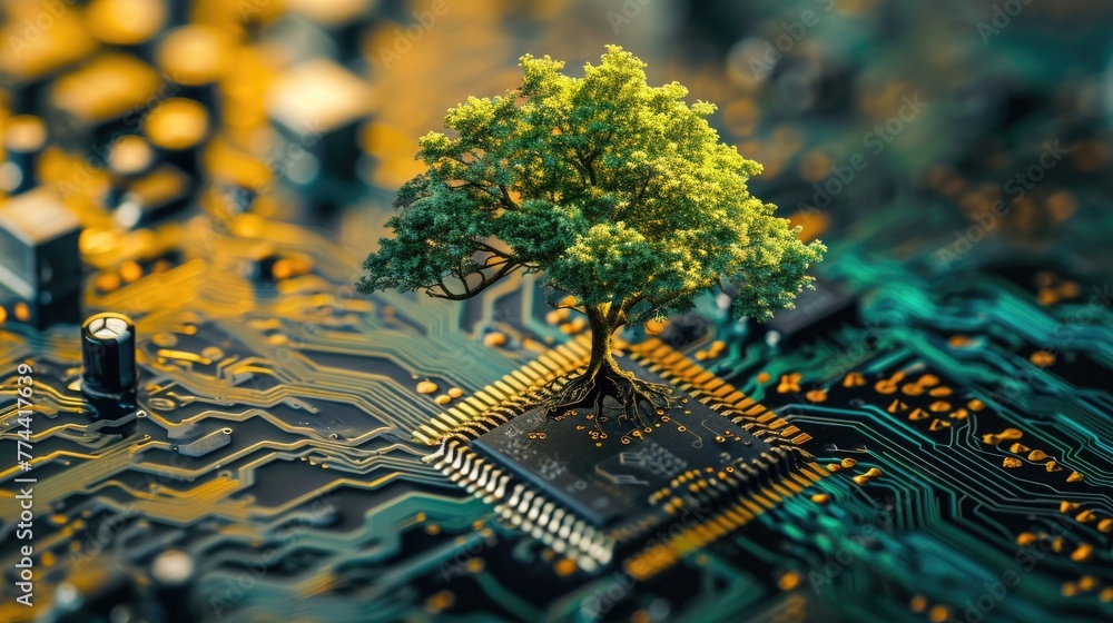 Poster the bottom angle view of the growing green tree on the cpu on the land of the greenish mainboard and