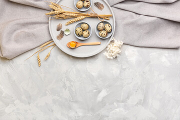 Bowls with fresh quail eggs, feathers and wheat on grey background