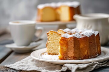 Closeup of pound cake with coffee cup in background