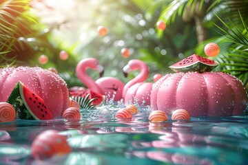 3D modern realistic illustration of a flamingo inflatable toy, a watermelon, palm trees, a shell, and a splash of water. - obrazy, fototapety, plakaty