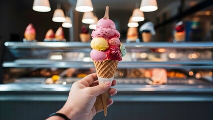 Hand holding ice cream in a cone