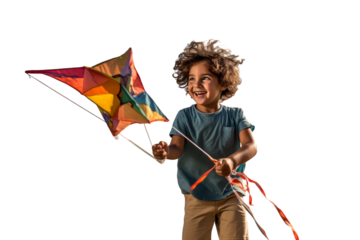 A young boy holds a colorful kite on a white background