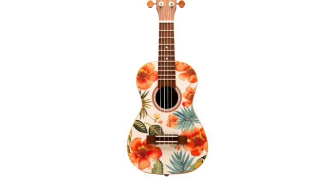 A ukulele adorned with a vibrant floral design, blending music with nature in a harmonious way