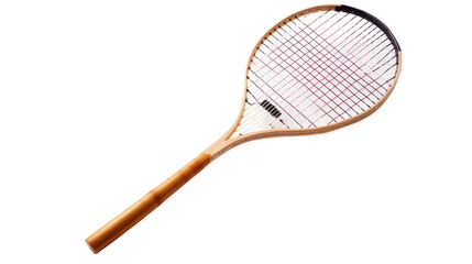 A detailed close-up of a tennis racket against a crisp white backdrop, highlighting its intricate design