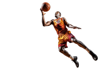 A basketball player soaring through the air with a ball, preparing to slam dunk