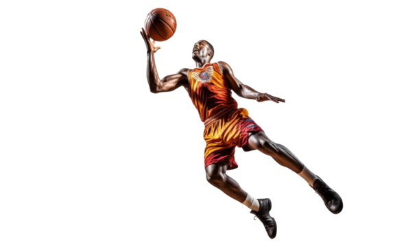 A basketball player soaring through the air with a ball, preparing to slam dunk - Powered by Adobe