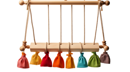 Vibrant tassels sway on a wooden wind chime, creating a colorful and soothing visual and auditory experience