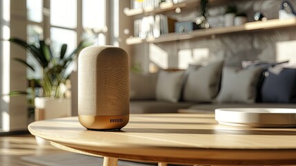 Fototapeta na wymiar A smart speaker on a wooden table in a cozy living room