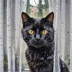 A black cat with striking yellow eyes is gazing intently through a glass pane streaked with raindrops